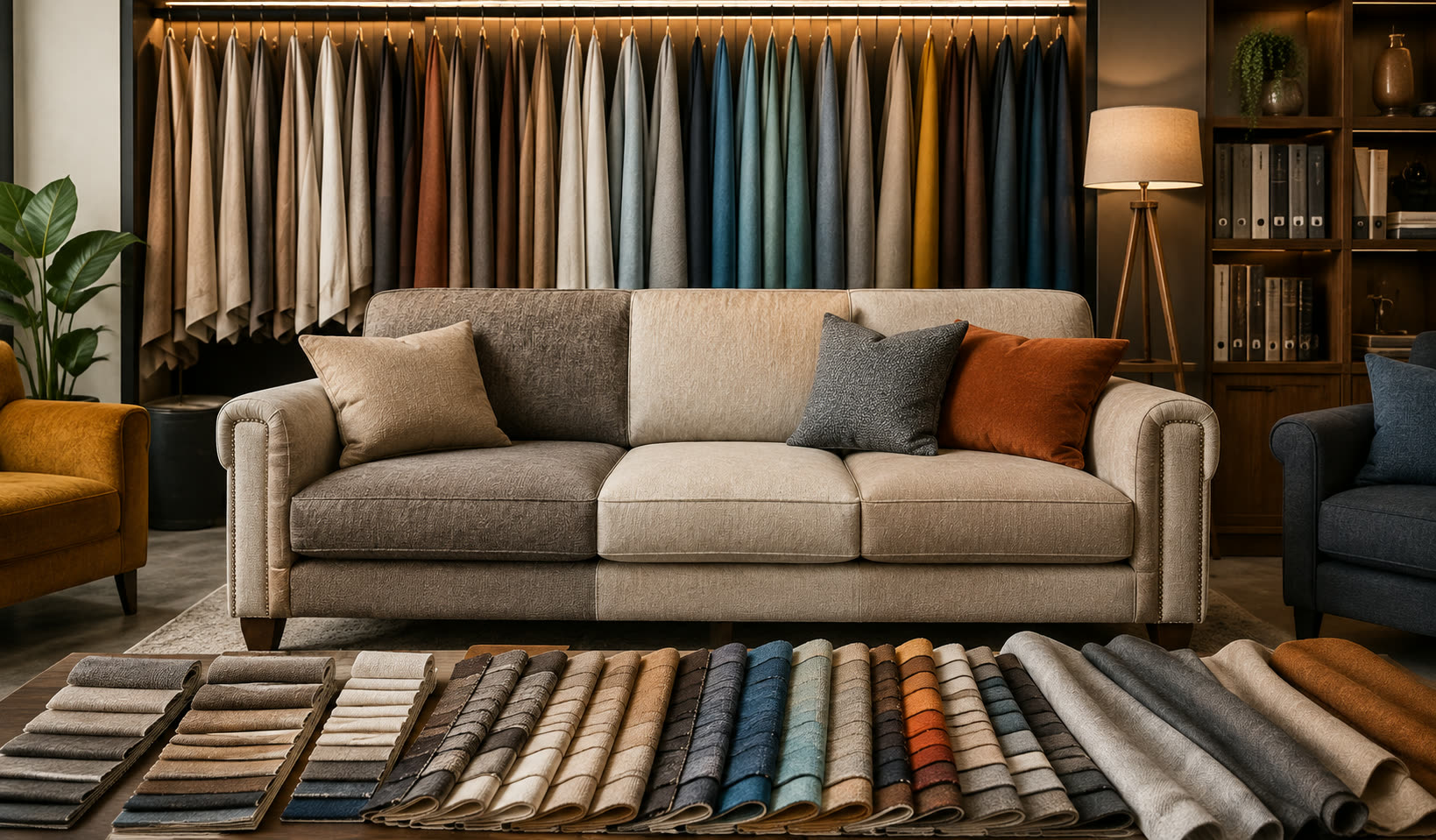 Elite Dubai Upholstery showroom with sofa and fabric samples