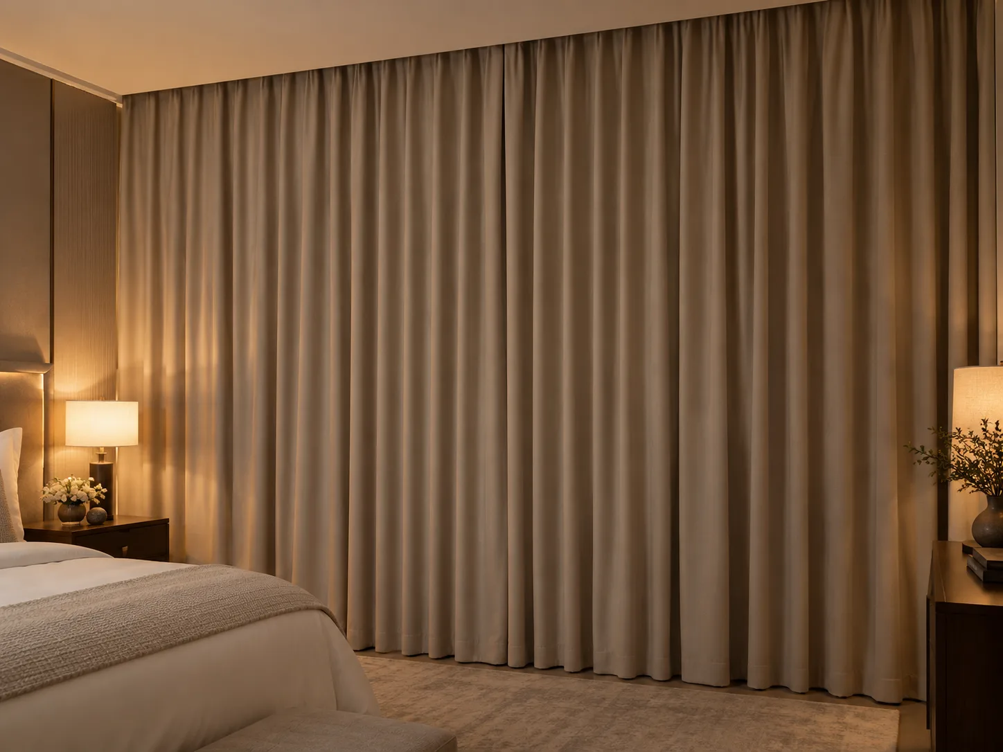 Full-length blackout curtains across a Dubai bedroom wall