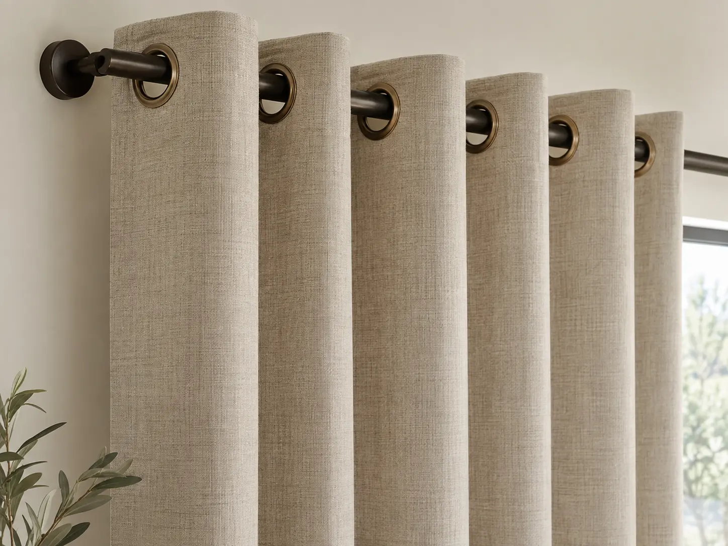 Close-up of bronze eyelet heading on textured linen curtains