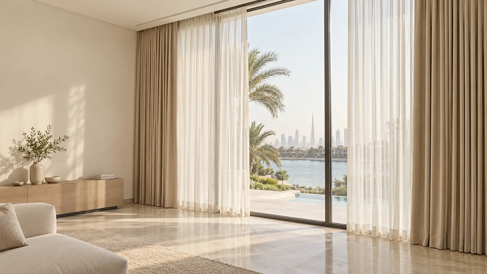 Sheer ivory curtains layered with beige drapes in a bright Dubai living room
