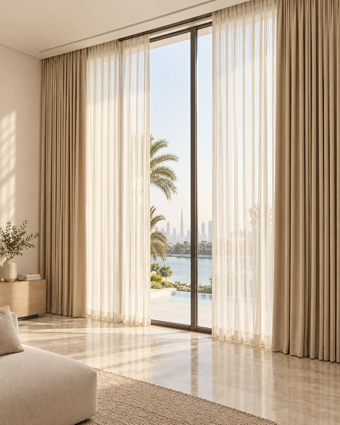 Made-to-measure sheer and blackout curtains in a bright Dubai living room