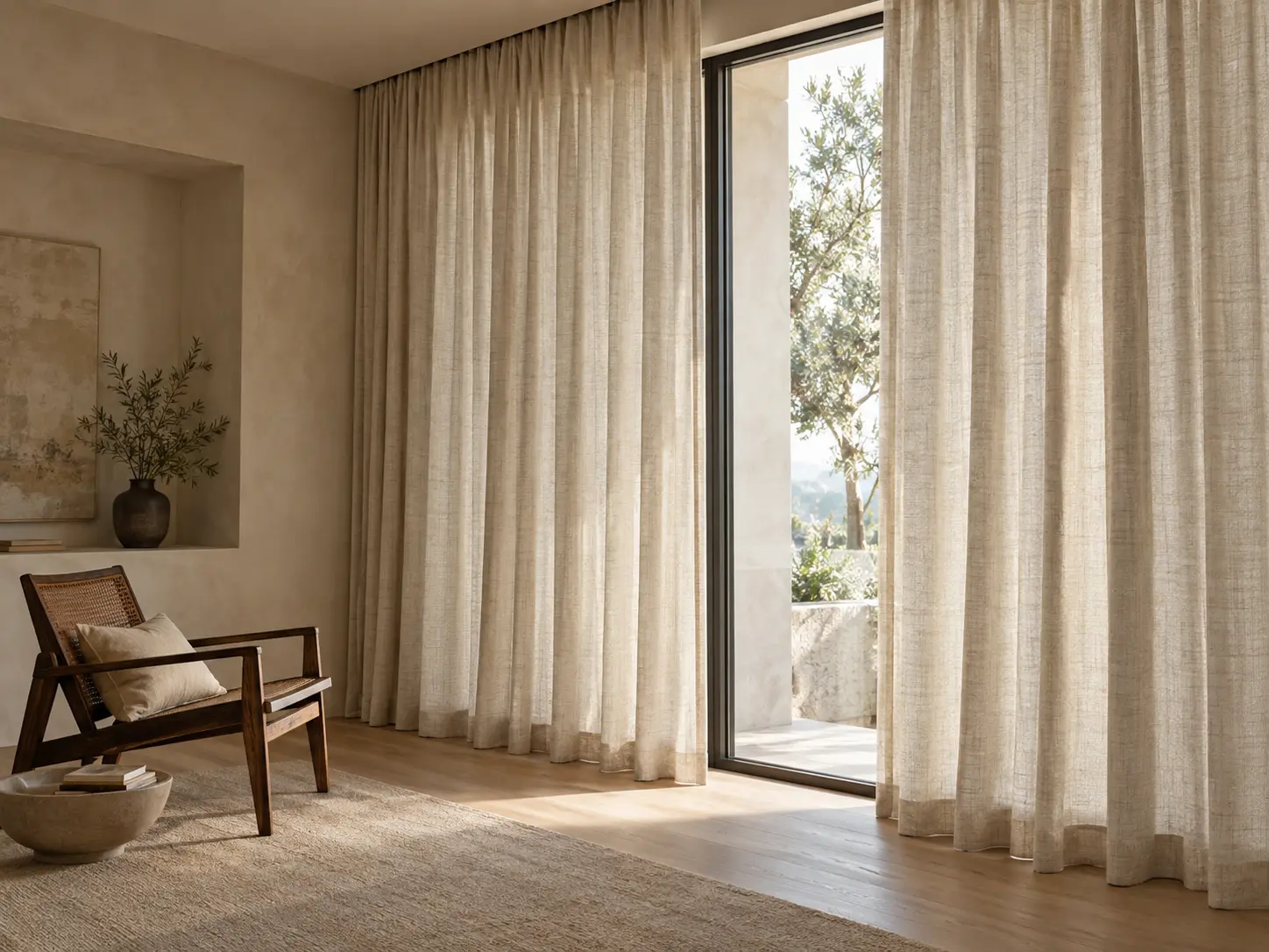 Linen-look curtains falling in soft folds beside a garden window