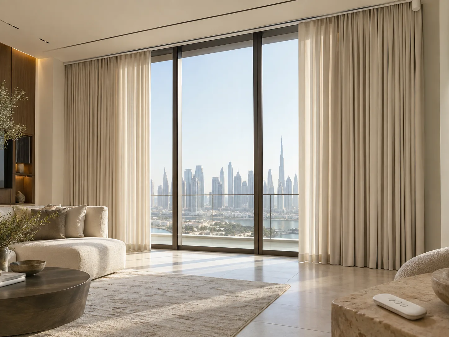 Motorized curtains opening on a Dubai skyline apartment window
