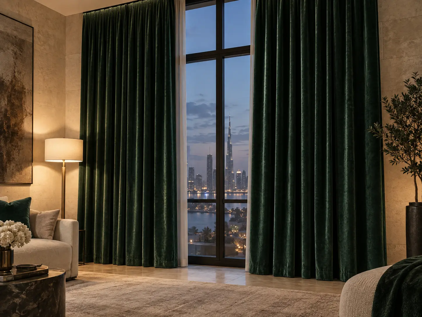 Emerald velvet curtains framing an evening Dubai skyline view