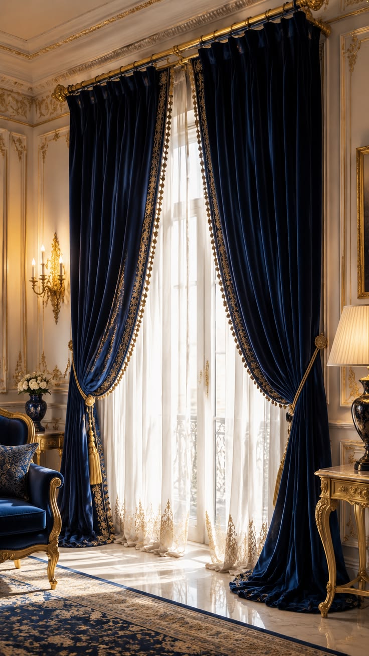 Navy velvet curtains with gold detailing