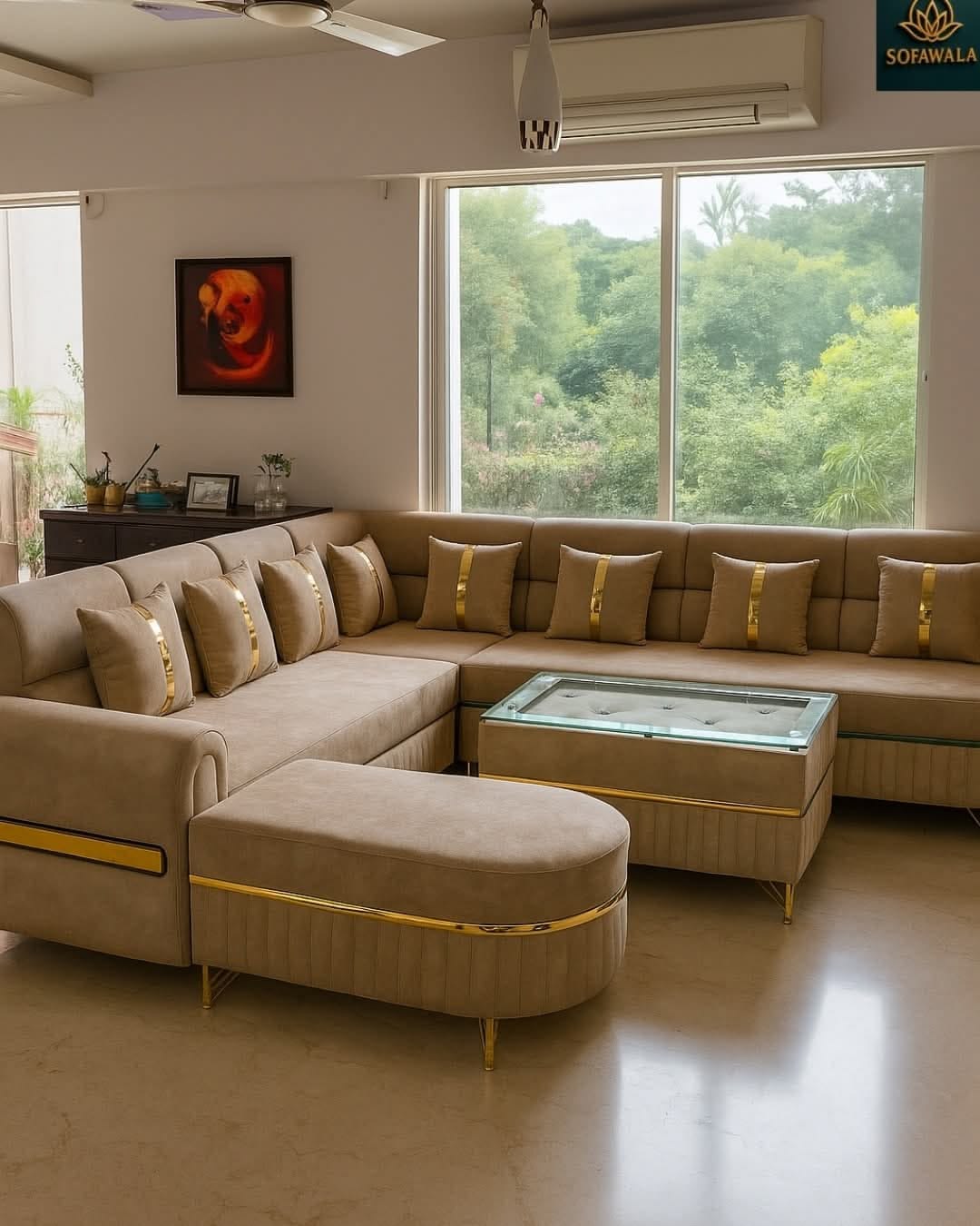 Beige sectional majlis with gold accents