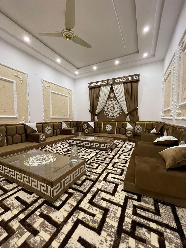 Brown velvet majlis with Greek key details