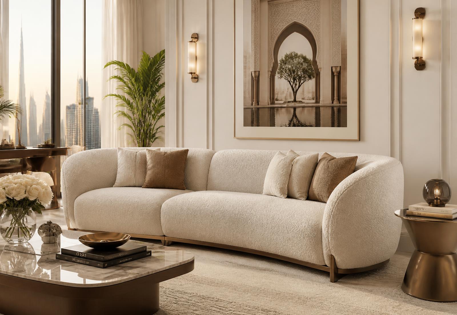 Reupholstered luxury sofa in a bright Dubai living room